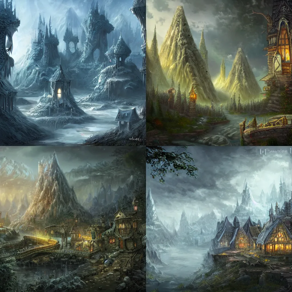 Prompt: fantasy city, Nordic architecture, forest surrounding, trending on art-station, high definition, dungeons and dragons, award-winning digital art