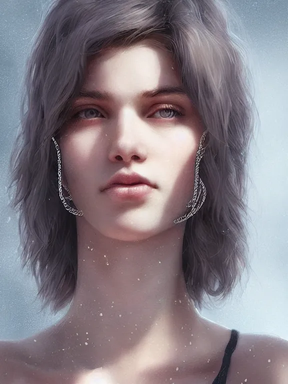 Image similar to beautiful russian girl with short dark hair and septum piercing, thin round earrings, winds of winter, au naturel, hyper detailed, digital art, trending in artstation, cinematic lighting, studio quality, smooth render, octane rendered, concept art, sharp focus, illustration, art by artgerm and greg rutkowski and wlop and krenz cushart