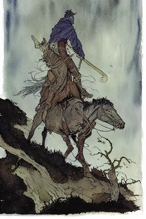 Image similar to a simple and atmospheric watercolour portrait of a the headless horseman on halloween, very muted colors, by rebecca guay, michael kaluta, charles vess and jean moebius giraud