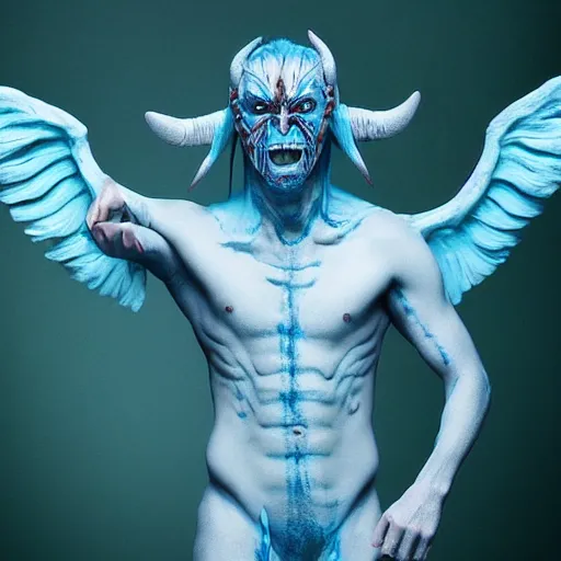 Prompt: a demon inspired by mayan blue created by the make up artist hungry, photographed by andrew thomas huang, cinematic, expensive visual effects
