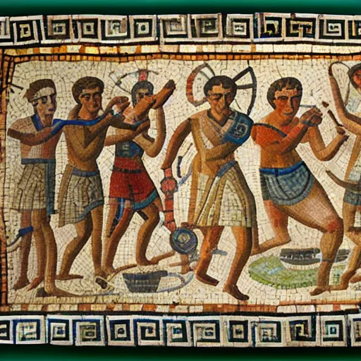 Image similar to an ancient roman mosaic of two teams playing ultimate frisbee