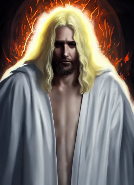 Image similar to « full length portrait of the white - haired jesus in a white robe and flaming yellow eyes, seven stars in right hand, grim - lighting, high - contrast, intricate, elegant, highly detailed, digital painting, artstation, concept art, smooth, sharp focus, illustration »