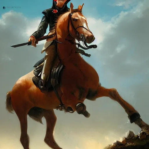 Image similar to napoleon on his horse while holding his gun and shooting by greg rutkowski