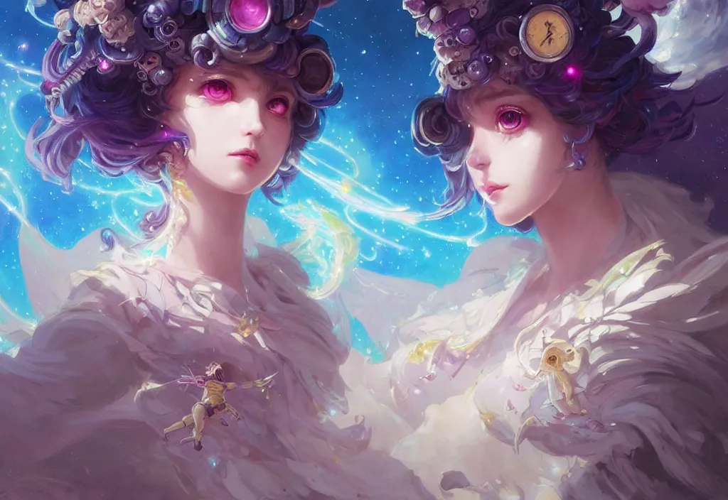 Image similar to close up picture of an maximalist dress magical girl, neat hair with bangs, smug face, extremely beautiful and aesthetic and detailed cute face and eyes, wipe out evils with cute astronaut familiar sprites, aming the magical beams to the camera, chiaroscuro, intricate, masterpiece, epic fantasy illustrations by peter mohrbacher and anato finnstark and jeremy lipking