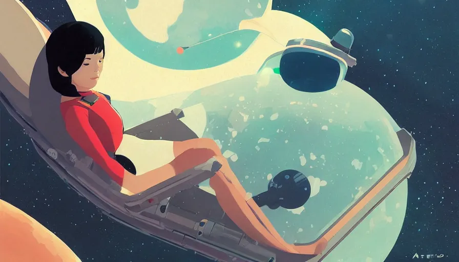 Prompt: a portrait of a female astronaut floating weightless in a scenic environment by atey ghailan in the style of yoko tsuno