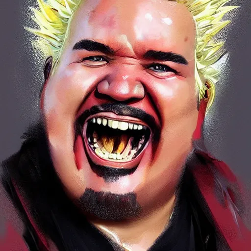 Image similar to a beautiful portrait of guy fieri with no teeth, toothless, gums!!! by greg rutkowski and bill sienkiewicz trending on artstation