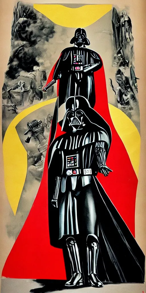 Image similar to darth vader in a 1 9 7 0 s iranian propaganda poster talking about the spanish inquisition.