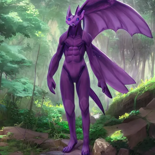 Image similar to concept art painting of an anthropomorphic purple anime anthro dragon, in the deep forest, realistic, detailed, cel shaded, in the style of makoto shinkai and greg rutkowski and james gurney