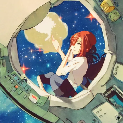 Image similar to a beautiful anime gamer girl sitting in space, studio ghibli, detailed,