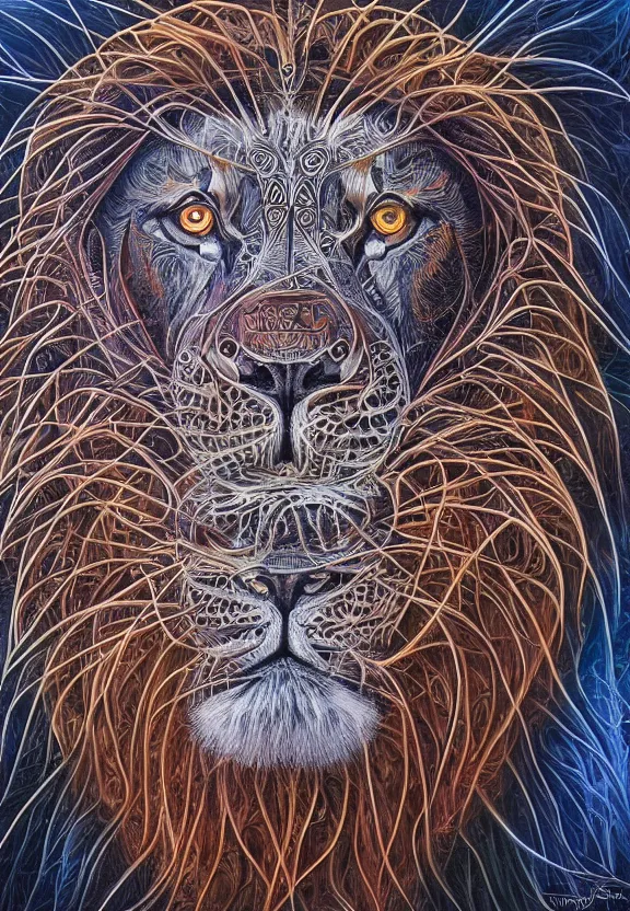 Prompt: a perfectly centered symmetrical portrait of a biomechanical lion, conceptual sculpture, intricate detail, volumetric shadows and lighting, realistic oil painting by alex grey,