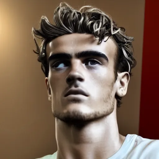 Image similar to a realistic detailed photo of a guy who is an attractive humanoid who is half robot and half humanoid, who is a male android, soccer player antoine griezmann, shiny skin, posing like a statue, blank stare, in a living room, on display, showing off his muscles