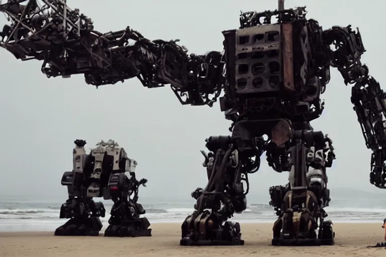 Image similar to cinematography of a giant mech on the beach in Santa Monica by Emmanuel Lubezki