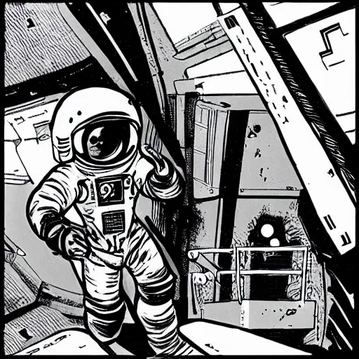 Prompt: astronaut exploring a derelict by frank miller