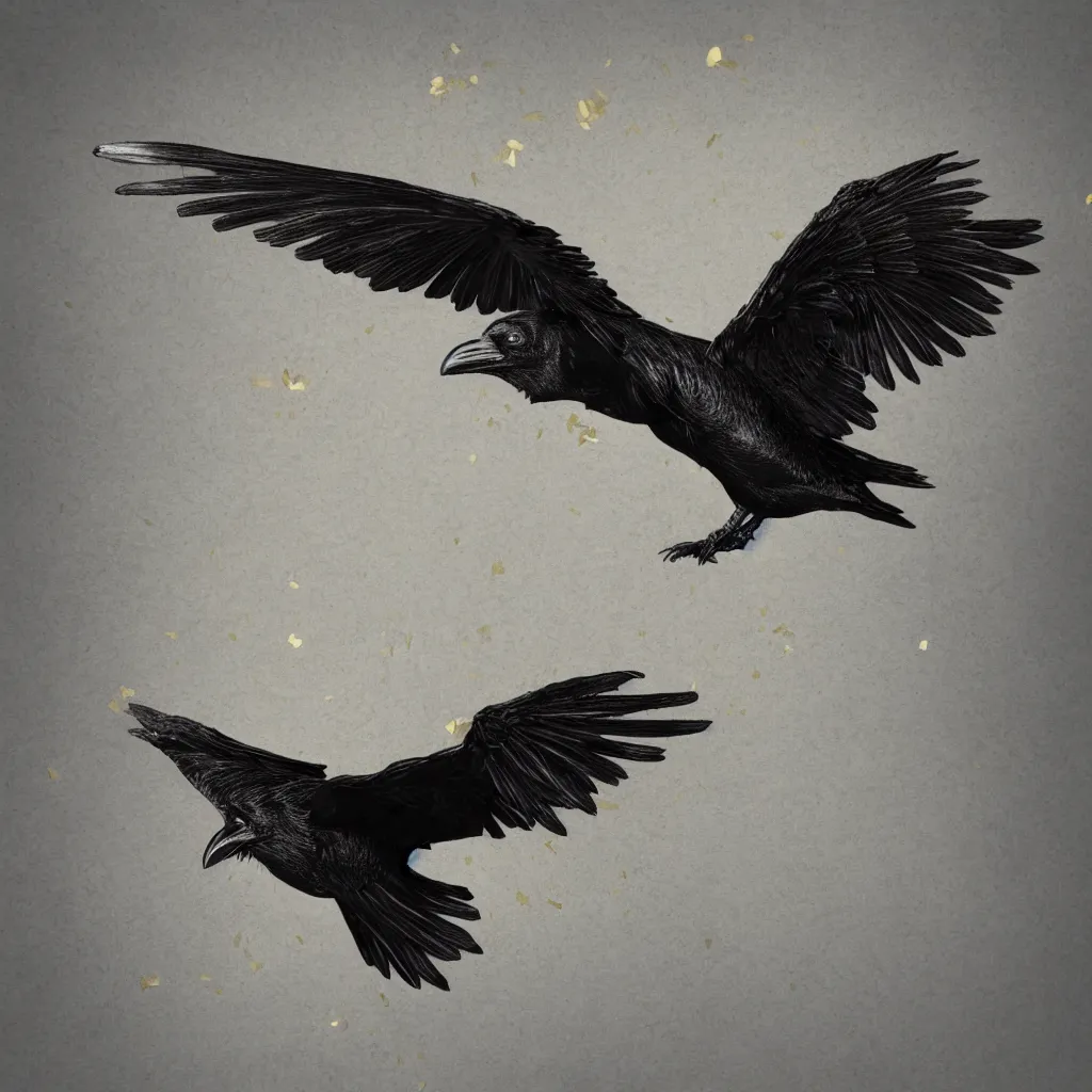 Image similar to Raven with wings made of gold leaf, white background, octane render, dramatic, depth of field