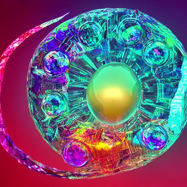 Prompt: a crystal egg breaking open with a great serpent rising out, occult aesthetics alchemy, award winning art, chromatic aberration polychromatic colors