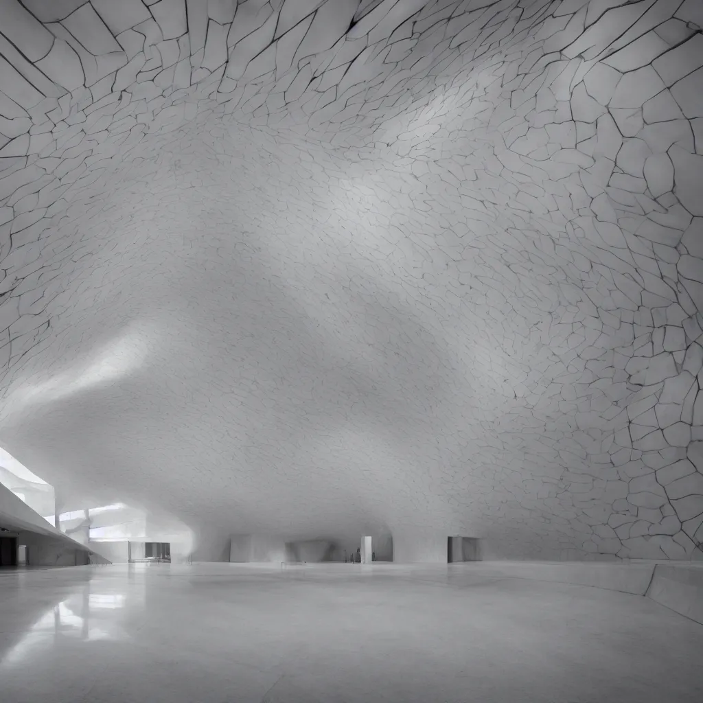 Image similar to minimal cavernous art gallery skate church designed by Tadao Ando, Salvador Dalí, Gaudi, Zaha Hadid, Dieter Rams, large marble slab walls, wet reflective tile floor, sweeping ceiling, natural lighting, architecture photography, mood lighting 8K 4K HDR