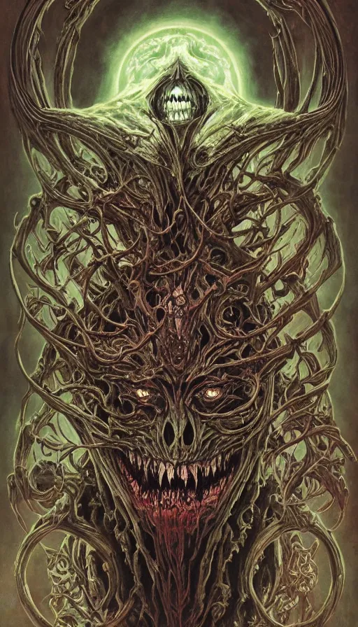 Prompt: Elden Ring Doom themed painting of undead lich symmetrical maniacal evil grin face mask pattern concept, infinity glyph, intricate artwork by Artgerm, H.R. Giger, Johnatan Wayshak, Zdizslaw Beksinski, Ayami Kojima, Greg Hildebrandt, and Mark Brooks, Neo-Gothic, gothic, rich deep colors, masterpiece, very coherent artwork, cinematic, hyper realism, high detail, octane render, unreal engine, 8k, High contrast, golden ratio, trending on cgsociety, ultra high quality model, production quality cinema model