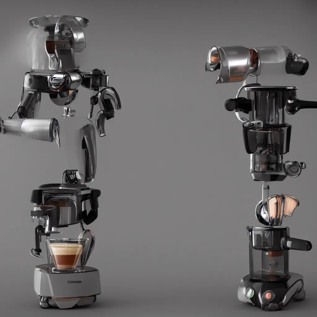 Prompt: wide angle photography of a coffee robot, by simon stalenhaag, product photography, small depth of field, fresh colors, 4k, highly detailed, trending on artstation