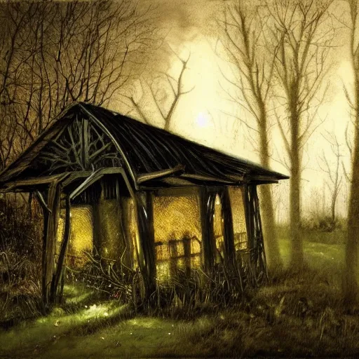 Image similar to a crumbling shed in the woods at night by simon bisley