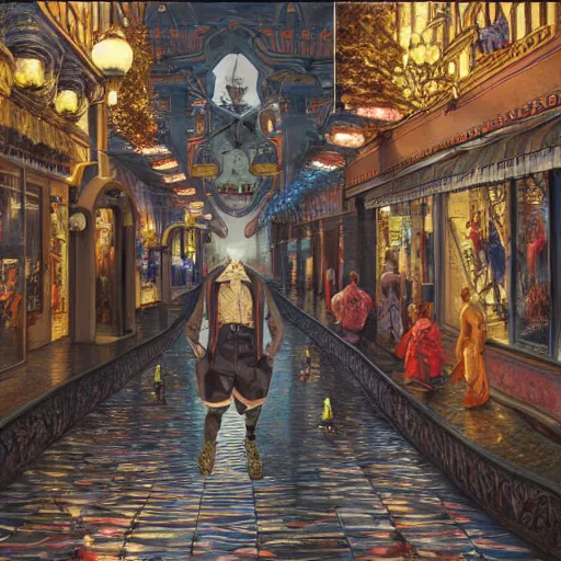 Prompt: humanoid fish man walks through the center of a city, extremely detailed oil painting, 1 9 2 0's colored pencil, highly detailed, highly accurate, deep aesthetic, 8 k, highly ornate intricate details, cinematic lighting, rich colors, beautiful scenic view, ray tracing, hyperrealistic, photorealistic, cinematic landscape, trending on artstation, concept art,