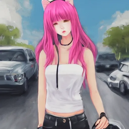 Image similar to realistic beautiful gorgeous natural cute Blackpink Lalisa Manoban pink hair cute fur pink cat ears, wearing white camisole summer outfit, headphones, black leather choker artwork drawn full HD 4K highest quality in artstyle by professional artists WLOP, Aztodio, Taejune Kim, Guweiz on Pixiv Artstation