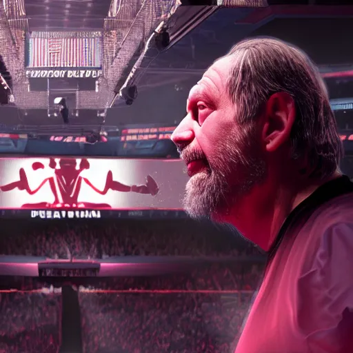 Prompt: Slavoj Zizek versus Jordan Petersonat wrestlemania, trending on artstation, cgsociety, octane render, unreal engine, bokeh