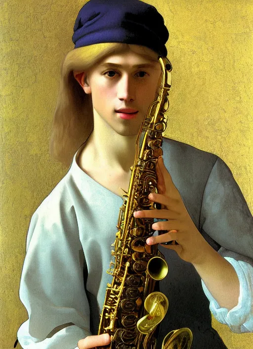 Image similar to Beautiful half body portrait of a young blond man playing sax wide view, intricate, elegant, digital painting, ilustratiom, artwork by Vermeer and alphonse mucha, serene funky fractal soft background