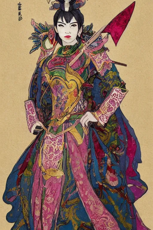 Image similar to full - bodied portrait, female changeling in rose - patterned eastern light armor, wielding a decorated halberd, barefoot in sandals, wearing noh theatre mask, mischievous, seductive, realistic proportions, reasonable fantasy, colorful and detailed, ghostblade, wlop.