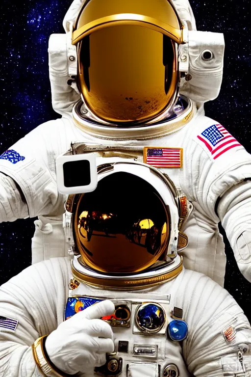 Prompt: extremely detailed studio portrait of space astronaut, holds a smart phone in one hand, phone!! held up to visor, reflection of phone in visor, moon, extreme close shot, soft light, golden glow, award winning photo by david lachapelle