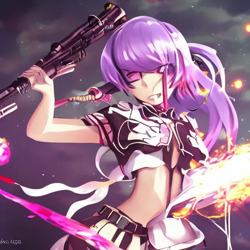 Image similar to an anime mahou shoujo with a huge gun, explosions in the background, anime action film, exquisite line art, Depth of field, high fidelity, smooth rendering, 4k, hd, Professional anime artist