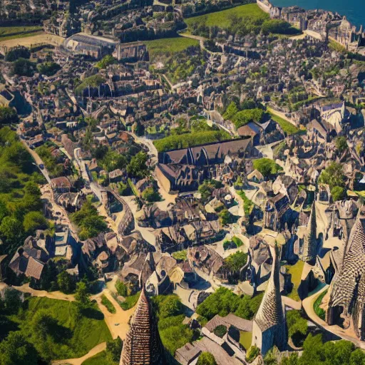 Prompt: Aerial shots of magical medieval cities, Game of Thrones, the witcher 3, Lord of the Rings, Victorian era