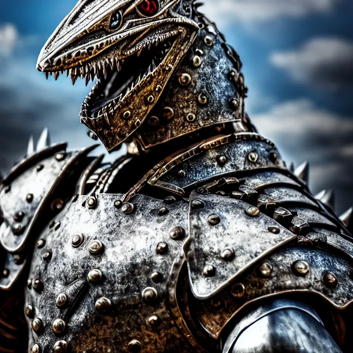 Image similar to photo of a warrior with metal lizard themed armour, highly detailed, 4 k, hdr, smooth, sharp focus, high resolution, award - winning photo