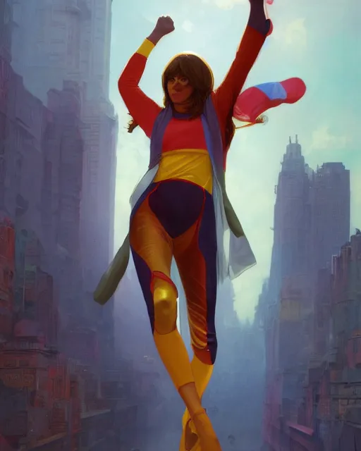 Prompt: A Full View of Kamala Khan played by Iman Vellani, filled with wonder. MCU. John Hughes film. masterpiece 4k digital illustration by Ruan Jia and Mandy Jurgens and Artgerm and greg rutkowski and Alexander Tsaruk and WLOP and william-adolphe bouguereau, award winning, Artstation, art nouveau aesthetic, Alphonse Mucha background, intricate details, realistic, panoramic view, Hyperdetailed, 8k resolution, intricate art nouveau