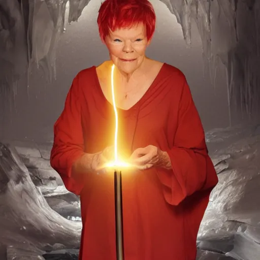 Prompt: Judy Dench wearing a monks tunic holding a small glowing red magical wand with electrical bolts emitting from it. In a cave made of ice. Trending on Artstation