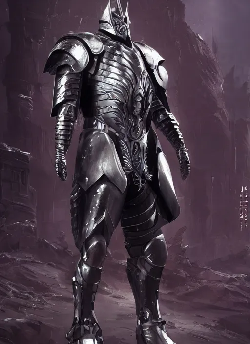 Image similar to full body digital painting of a futuristic dark knight, in a pearl armor magicpunk chrome body sculpted intricate armor. big medium small details, reflect 8 k uhd, unreal engine, octane render in the artstyle of finnian macmanus, john park and greg rutkowski