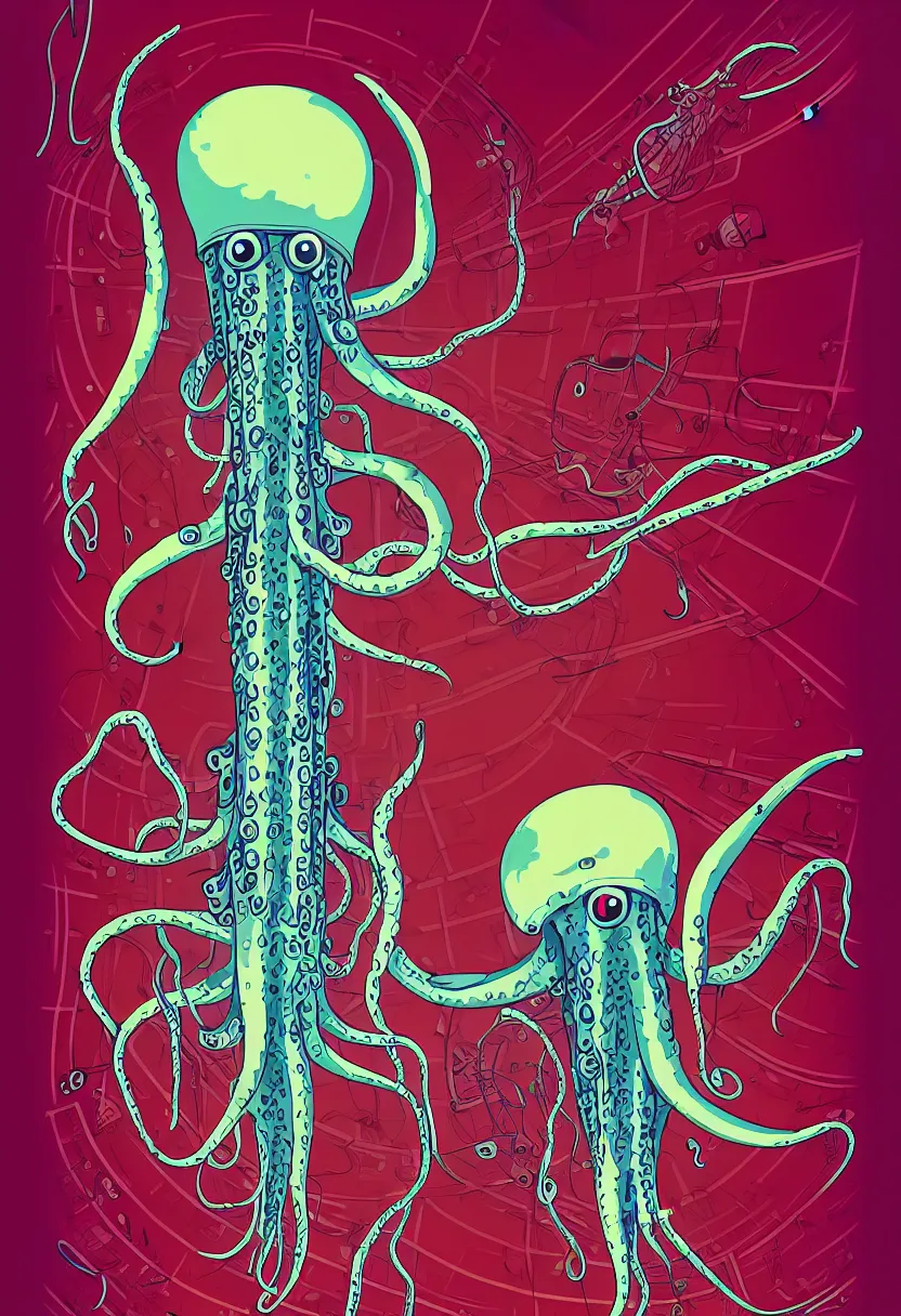 Image similar to concert poster for'grandpa finger ', dying robotic squid, symmetrical vector art, 8 k, highly detailed illustration