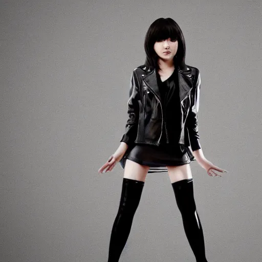 Image similar to a dynamic, epic cinematic 8K HD movie shot of a japanese beautiful cute young J-Pop idol actress yakuza rock star girl wearing leather jacket, miniskirt, nylon tights, high heels boots, gloves and jewelry. Motion, VFX, Inspirational arthouse, at Behance, with Instagram filters