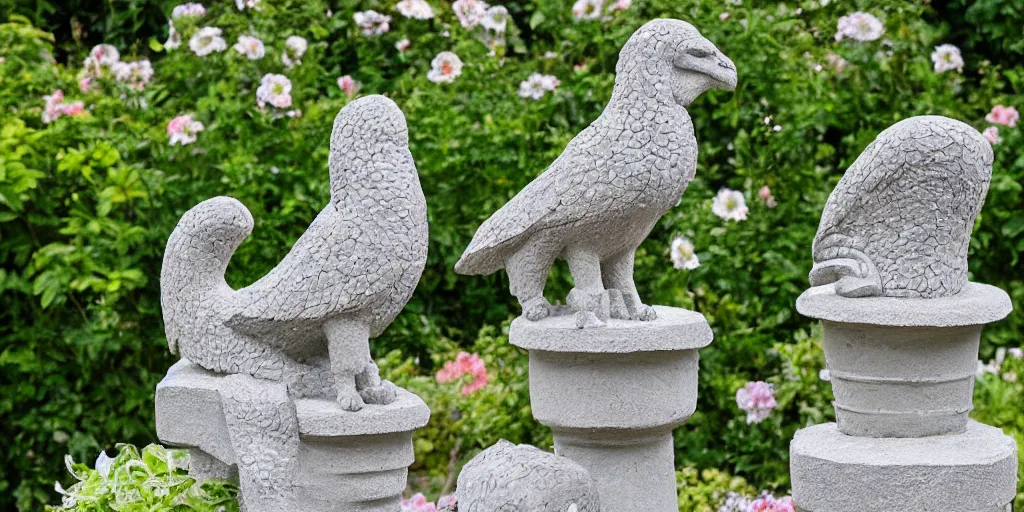 Image similar to extremely detailed carved concrete statue, pebble mosaic, of a griffin, in an english cottage style flower garden