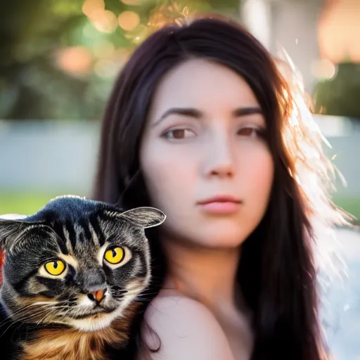 Image similar to a young adult woman with long dark hair, big and shiny black eyes and her tabby cat, a stock photo by juan villafuerte, pexels contest winner, high quality photo, rtx, hd, tumblr contest winner, anime, pretty, sensual