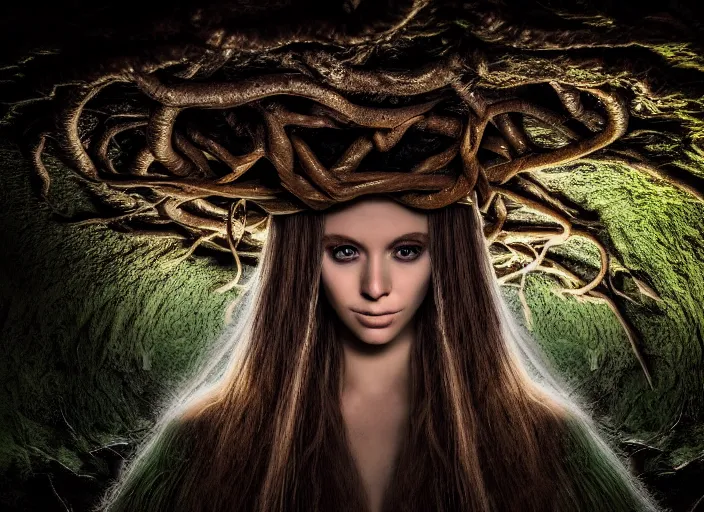 Image similar to portrait photo of roots growing down from a ceiling in an underground cavern wrapped around an elven woman. Fantasy magic horror style. Highly detailed 8k. Intricate. Nikon d850 55mm. Award winning photography.