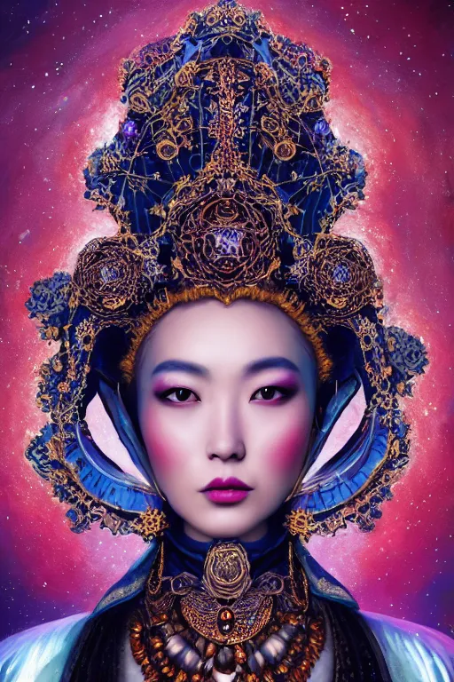 Prompt: a beautiful empress portrait, with a brilliant, impossible striking big cosmic headpiece, clothes entirely made out of cosmos, symmetrical, dramatic studio lighting, rococo, baroque, jewels, asian, hyperrealism, closeup, D&D, fantasy, intricate, elegant, highly detailed, digital painting, artstation, octane render, 8k, concept art, matte, sharp focus, illustration, art by Artgerm and Greg Rutkowski and Alphonse Mucha