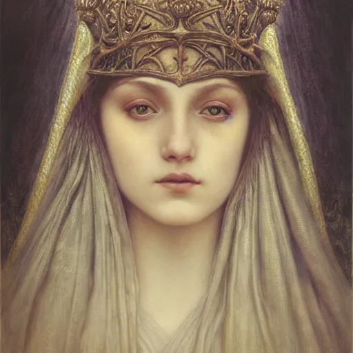 Prompt: detailed realistic beautiful young medieval queen face portrait by jean delville, tom bagshaw, brooke shaden, gustave dore and marco mazzoni, art nouveau, symbolist, visionary, gothic, pre - raphaelite, ornate gilded medieval icon, surreality