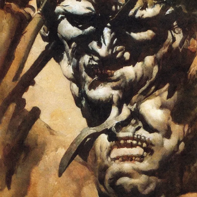 Image similar to closeup portrait of a barbarian by frank frazetta, head facing directly front on