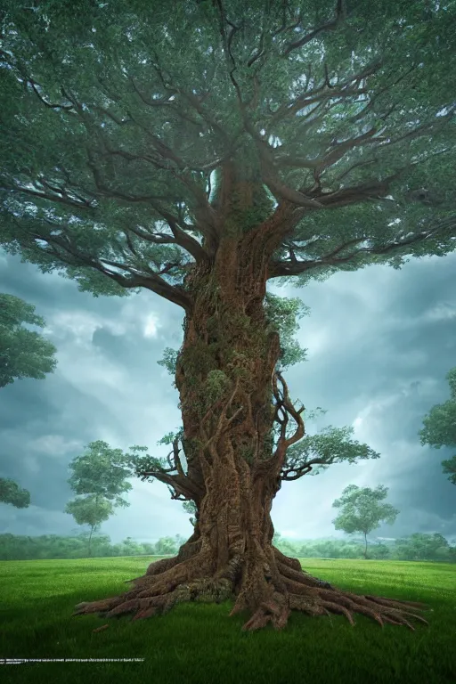 Prompt: the big soul tree of the earth, perfect symmetry, circular base surrounding grand tree, cinematic, intricate detail, small details, high resolution, 3 d, volumetric lighting, octane render, 8 k, photorealistic