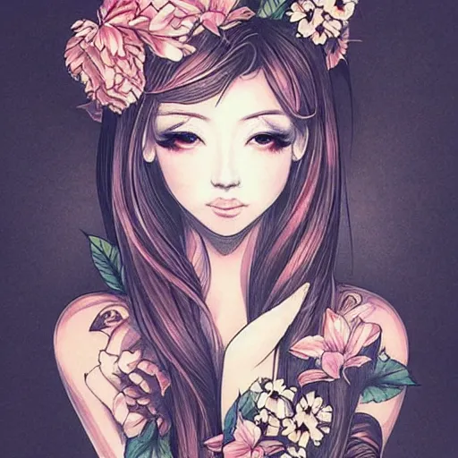 Prompt: tattoo design, stencil, traditional, beautiful portrait of a Japanese girl with flowers in her hair, upper body, by artgerm, artgerm, digital art, cat girl, anime eyes sexy-s 100