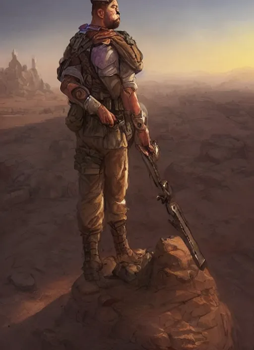 Prompt: purple scene lighting, detailed character portrait concept art, white male, strong muscular mature, soldier with beard, short hair, in a soldier uniform, desert with city in the background, sharp focus, illustration, highly detailed, digital painting, concept art, matte, art by wlop and artgerm and greg rutkowski, masterpiece