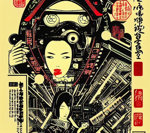 Image similar to futuristic japanese cyberpunk bladerunner silk screen by utagawa yoshiiku, ohara koson, pixiv contest winner, cyberpunk style, cyberpunk color scheme, mechanical, robotic, human machine interface, high resolution, hd