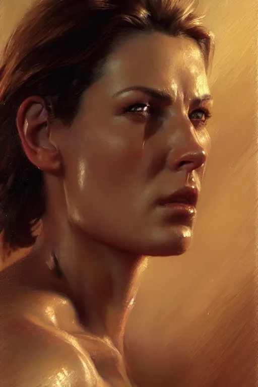 Image similar to muscular sweat, jill valentine as cop, face close up, highly detailed painting by gaston bussiere, craig mullins, j. c. leyendecker 8 k