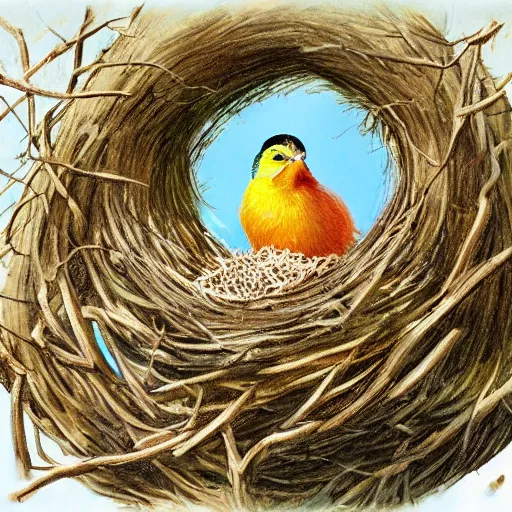 Prompt: bird nest in a tree, concept art, illustrated, highly detailed, high quality, bright colors, optimistic,