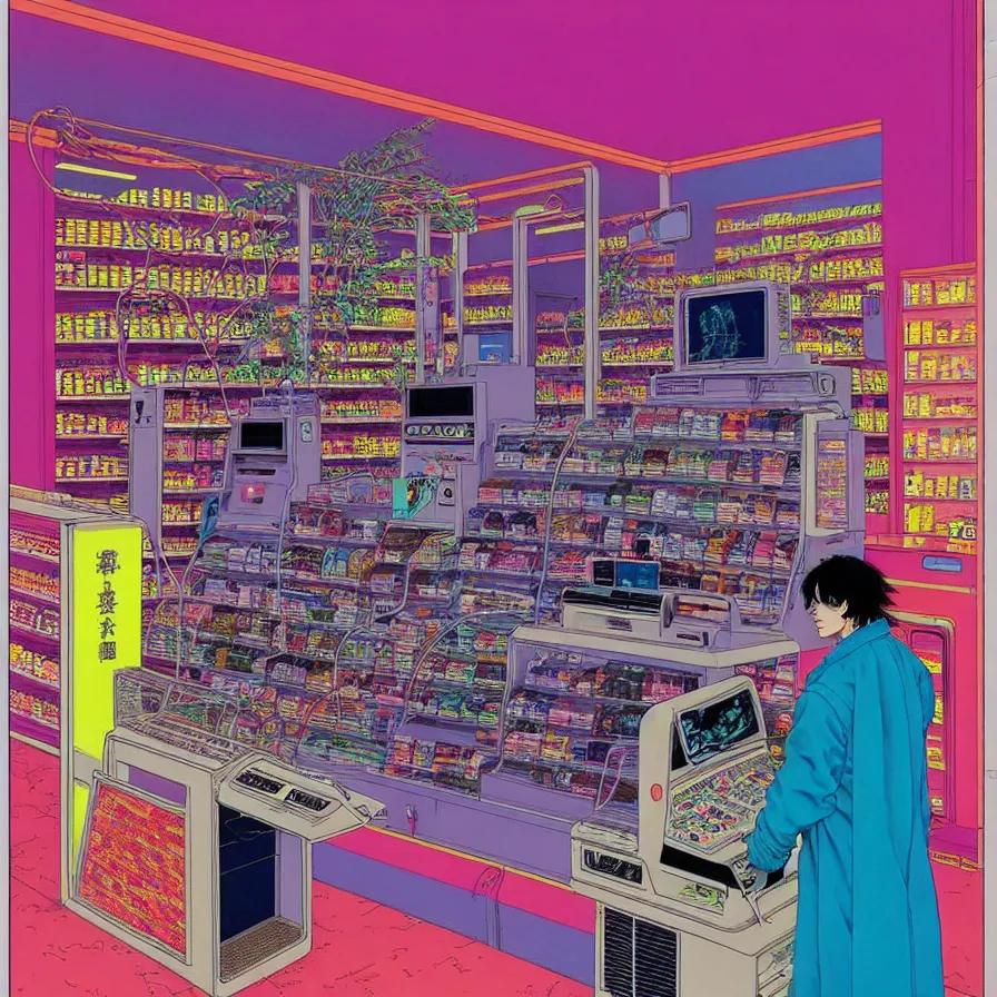 Image similar to ( ( ( ( cyberpunk convenience store cash register ) ) ) ) by mœbius!!!!!!!!!!!!!!!!!!!!!!!!!!!, overdetailed art, colorful, artistic record jacket design